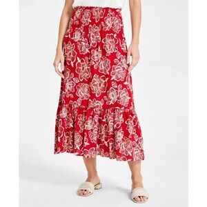 Nautica Jeans Women’s Floral Smocked-Waist Midi Skirt, Red, L